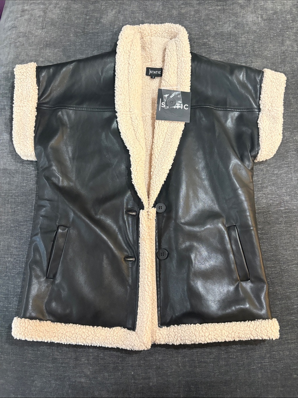 Static Black Faux Leather Shearling Vest with Cream Trim